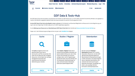 Screenshot of the DZIF Data & Tools Hub website with three main sections: Search, Studies/Registers and Databases. Each section contains a short description and a 'Start' button.