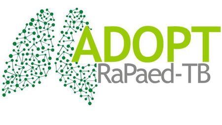 Logo des Projekts ADOPT RaPaed-TB mit stilisierten grünen Lungen, die durch ein Netzwerk von Punkten und Linien dargestellt sind.