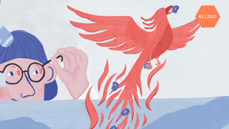 Ausschnitt des Titelbildes der SYNERGIE-Ausgabe 2/2025 zum Thema "Regenerative Medizin": Illustration eines Vogels, der wie Phönix aus der Asche aufsteigt. Oben rechts ist ein orangenes Sechseck mit der Aufschrift ‚#2 | 2025‘ zu sehen.