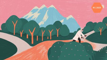 Ausschnitt des Titelbildes der SYNERGIE-Ausgabe 1/2025 zum Thema "Prävention": Illustration eines Forschers im weißen Kittel, der mit einer Taschenlampe in der Hand einen Weg in einer stilisierten Landschaft mit Bäumen, Bergen und rosa Himmel entlanggeht.  Oben rechts ist ein orangenes Sechseck mit der Aufschrift ‚#1 | 2025‘ zu sehen.