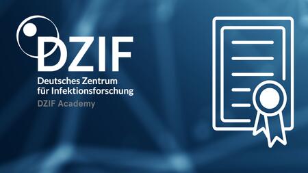 Logo der DZIF Academy und Icon in Papierform mit einer angedeuteten Auszeichnung auf blauem Hintergrund