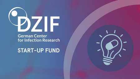 Logo of the German Center for Infection Research (DZIF) on a blue-violet background with the words “START-UP FUND” and the icon of a light bulb containing a capsule.
