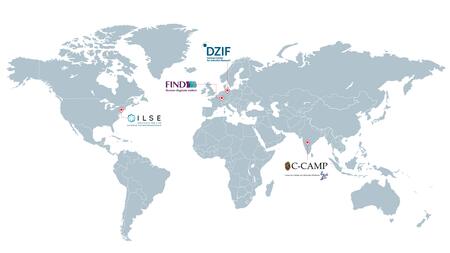 The locations of the four CARB-X partners on a world map.