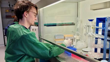 A young researcher dressed in a green lab coat sitting at a sterile bench during cell biological analysis of tissue samples.