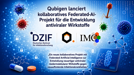Abbildung mit den Logos von Qubigen, DZIF und IMC auf einem blauen Hintergund mit stilisierten Mikroben und Viren