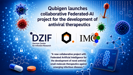 Image featuring the logos of Qubigen, DZIF, and IMC on a blue background with stylized microbes and viruses