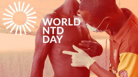 The photo shows a healthcare professional wearing a mask and gloves. She is pointing to nodules under the skin on a patient's bare upper body. A stylized sun and the title “World NTD Day” are displayed in white.