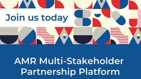 Blue banner of the AMR Multi-Stakeholder Partnership Platform in the bottom part of the image; abstract depictions of microbes and drug capsules in red, blue, grey and white