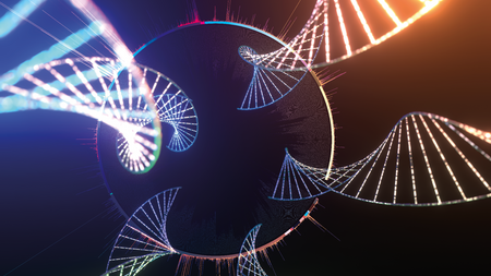 Visualisation of luminous strands of DNA as well as of a ring that depicts the combined analysis of many different bacterial genomes.