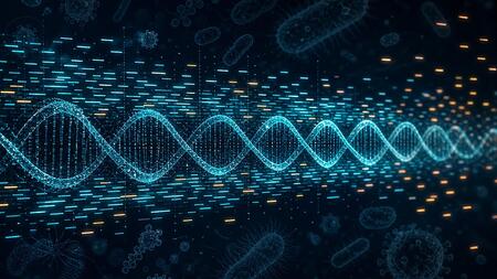 KI-generierte Darstellung einer DNA-Helix begleitet von leuchtenden Strichen und einem Hintergrund aus stilisierten Mikroorganismen