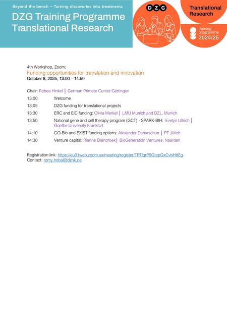 DZG Training Program Translational Research: "Funding opportunities for translation and innovation"