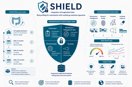 Infographic of the R-Net SHIELD project. The figure illustrates a 12-month follow-up of hospitalized patients to investigate risk factors for colonization with multidrug-resistant organisms. Clinical, microbiological, and genomic data are integrated into a longitudinal database to develop individual risk profiles and support prevention and control of antimicrobial resistance.