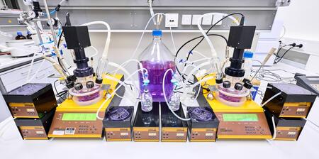 Laborgeräte auf einer Arbeitsfläche mit zwei runden Glasgefäßen, vielen angeschlossenen Schläuchen, einer großen Flasche mit violetter Flüssigkeit in der Mitte und mehreren elektronischen Steuergeräten darunter.