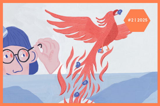 Ausschnitt des Titelbildes der SYNERGIE-Ausgabe 2/2025 zum Thema "Regenerative Medizin": Illustration eines Vogels, der wie Phönix aus der Asche aufsteigt. Oben rechts ist ein orangenes Sechseck mit der Aufschrift ‚#2 | 2025‘ zu sehen.