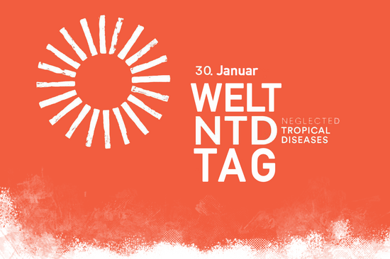Grafischer Teaser zum Welt-NTD-Tag am 30. Januar mit orangefarbenem Hintergrund, stilisiertem weißen Strahlenkreis und der Aufschrift ‚Welt NTD Tag – Neglected Tropical Diseases‘.
