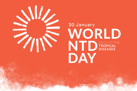 Graphic teaser for World NTD Day on 30 January featuring an orange background, a stylised white sunburst circle, and the wording ‘World NTD Day – Neglected Tropical Diseases’.
