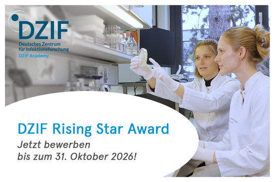 Wissenschaftlerinnen und der Schriftzug DZIF Rising Star Award Jetzt bewerben bis zum 31. Oktober 2026!