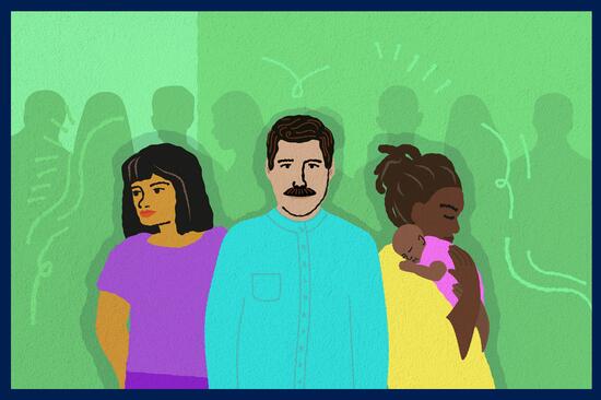 Three drawn people in purple, blue and yellow outerwear against a green background with a schematically depicted group of people