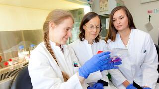 Dr. Saskia C. Stein, Professorin Dr. Christine Josenhans und Eugenia Faber (von links) im Labor.