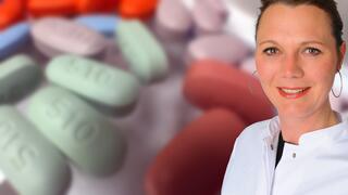 In the background green and pink tablets, on the right in the foreground a portrait photo of Prof. Clara Lehmann.