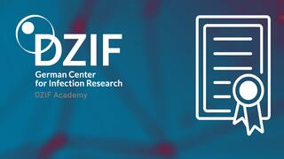 Blurred net-like structures are visible on a blue background. The nodes of the net structure are coloured red. The logo of the DZIF Academy is shown at the top left and the icon of a certificate can be seen on the right of the image.