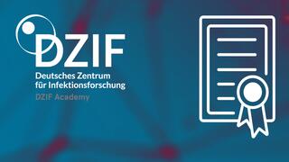 Auf einem blauen Hintergrund sind verschwommen netzartige Strukturen zu erkennen. Die Knotenpunkte der Netzstruktur sind rötlich eingefärbt. Links oben ist das Logo der DZIF Academy abgebildet und rechts im Bild ist das Icon einer Urkunde zu sehen.