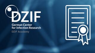 DZIF Academy logo and icon in paper form with award on blue background