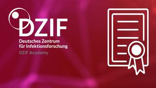 DZIF Academy-Logo und Icon in Papierform mit angedeuteter Auszeichnung auf rot-magentafarbenem Hintergrund