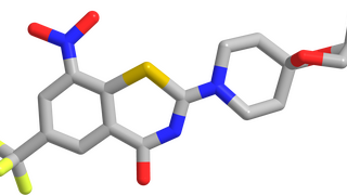 Schematic structure of BTZ-043 with three six-membered rings and side chains.