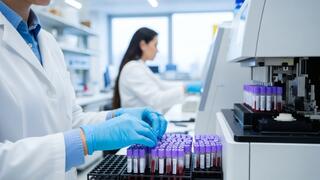 Wissenschaftlerinnen bei der Arbeit mit Blutproben und Geräten in einer Laborumgebung