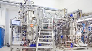 Mehrere silberfarbene Anlagen von Bioreaktoren mit vielen Röhren und Bildschirmen, die zur Fermentation und Produktion von Wirkstoffen verwendet werden.