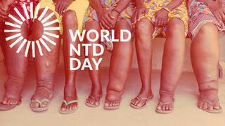 The picture shows the legs of several people who are visibly affected by severe swelling. At the top left, there is a stylised sun symbol, next to which is the text ‘World NTD Day’. The picture is a reference to World Day for Neglected Tropical Diseases.