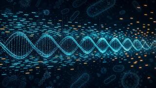 KI-generierte Darstellung einer DNA-Helix begleitet von leuchtenden Strichen und einem Hintergrund aus stilisierten Mikroorganismen