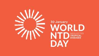 Logo der World NTD Day Organisation. Dargestellt sind eine stilisierte Sonne und die Textzeilen "30 January - World NTD Day - Neglected Tropical Diseases" in weiß auf rotem Hintergrund.