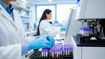 Medical Laboratory Scientists Working with Blood Samples and Equipment in a Lab Setting