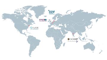 The locations of the four CARB-X partners on a world map.