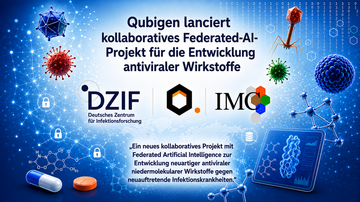 Abbildung mit den Logos von Qubigen, DZIF und IMC auf einem blauen Hintergund mit stilisierten Mikroben und Viren