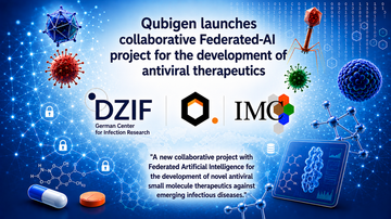 Image featuring the logos of Qubigen, DZIF, and IMC on a blue background with stylized microbes and viruses