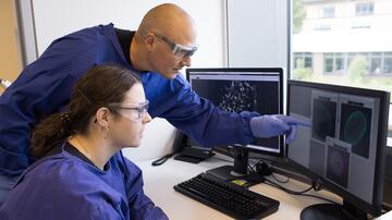 Prof. Michael Schindler and a colleague in blue lab coats look at multi-colored marked cells on a computer screen.