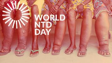 The picture shows the legs of several people who are visibly affected by severe swelling. At the top left, there is a stylised sun symbol, next to which is the text ‘World NTD Day’. The picture is a reference to World Day for Neglected Tropical Diseases.