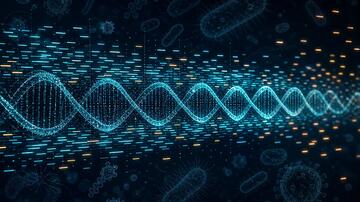 KI-generierte Darstellung einer DNA-Helix begleitet von leuchtenden Strichen und einem Hintergrund aus stilisierten Mikroorganismen