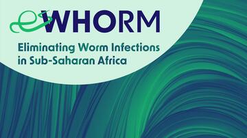Hintergrund ist eine abstrakte wellenartige hell- bis dunkelgrüne Struktur zu sehen. Oben links im Bild ist ein Segment eines Ovals zu sehen, darauf ist das Logo und der englische Untertitel des Projekts zu sehen: eWHORM, Eliminating Worm Infections in Sub-Saharan Africa. Das „e“ des Logos wird aus einem angedeuteten Wurm (Filarie) in Form eines „e“ gebildet.