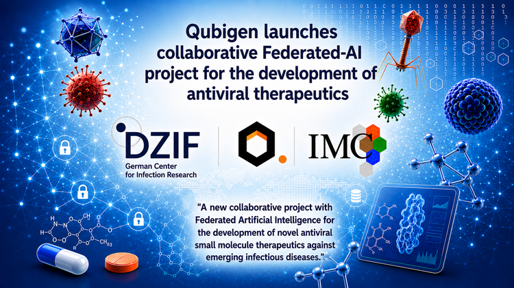 Image featuring the logos of Qubigen, DZIF, and IMC on a blue background with stylized microbes and viruses